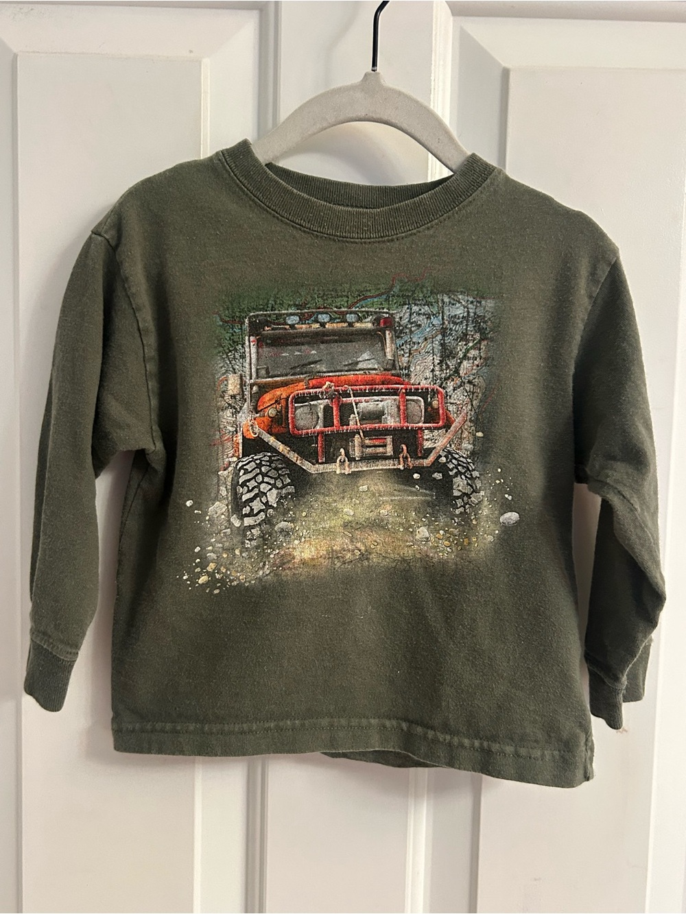 okie dokie Olive Green Long-Sleeve Tee with Orange Off-Road Truck Graphic